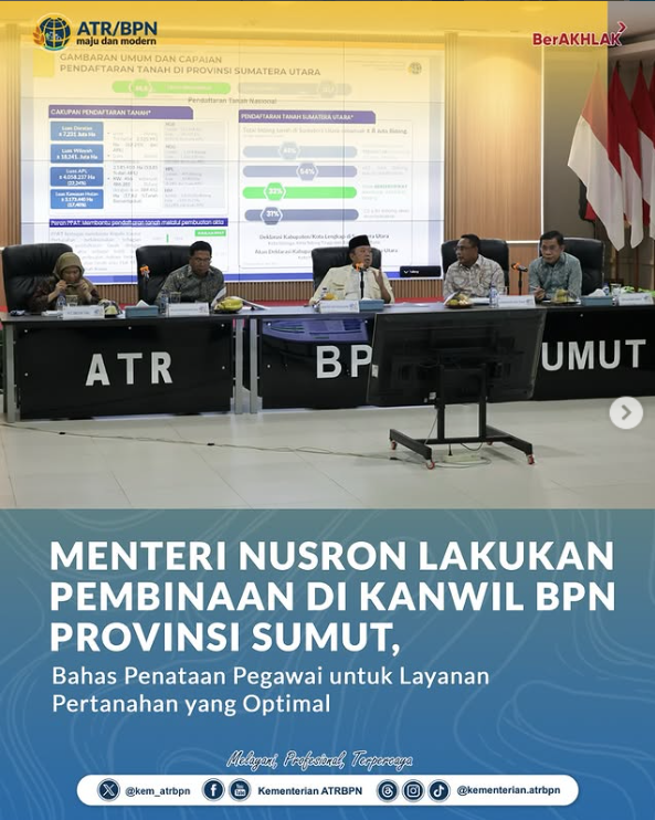 Menteri Nusron Lakukan Pembinaan di Kanwil BPN Provinsi Sumut: Bahas Penataan Pegawai untuk Layanan Pertanahan yang Optimal