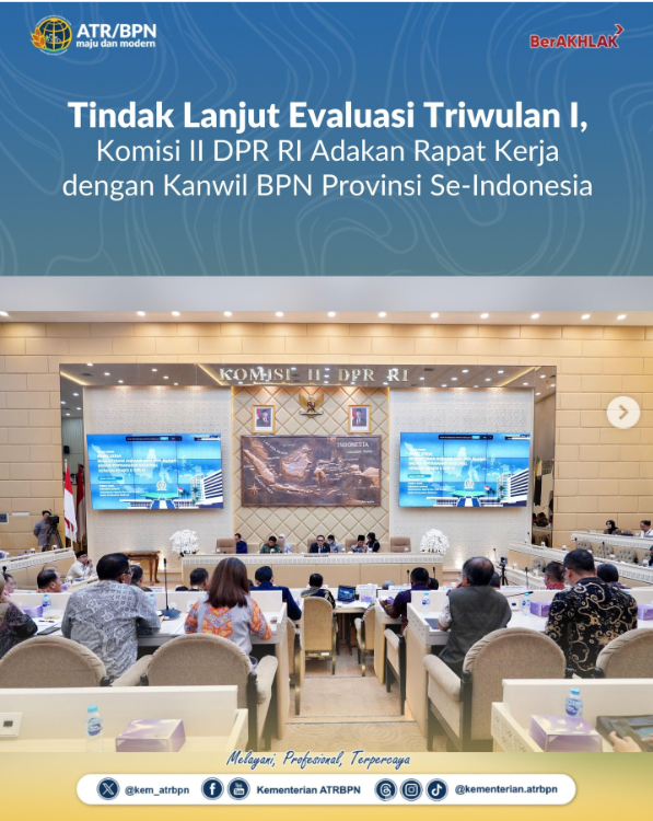 Tindak Lanjut Evaluasi Triwulan I, Komisi II DPR RI Adakan Rapat Kerja dengan Kanwil BPN Provinsi Se-Indonesia