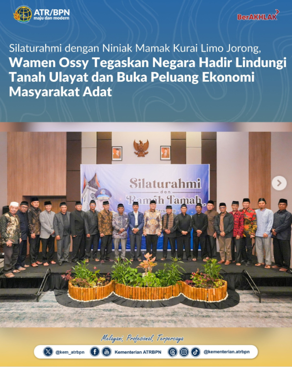 Silaturahmi dengan Niniak Mamak Kurai Limo Jorong, Wamen Ossy Tegaskan Negara Hadir Lindungi Tanah Ulayat dan Buka Peluang Ekonomi Masyarakat Adat