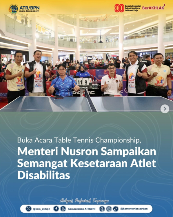 Buka Acara Table Tennis Championship, Menteri Nusron Sampaikan Semangat Kesetaraan Atlet Disabilitas