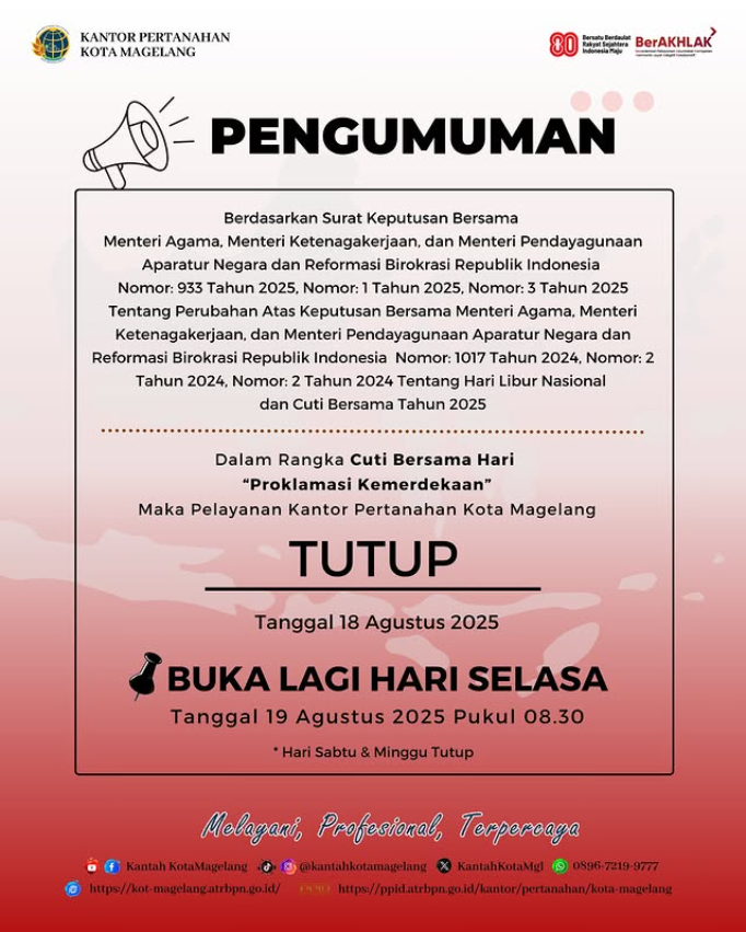 Pengumuman Cuti Bersama, 18 Agustus 2025