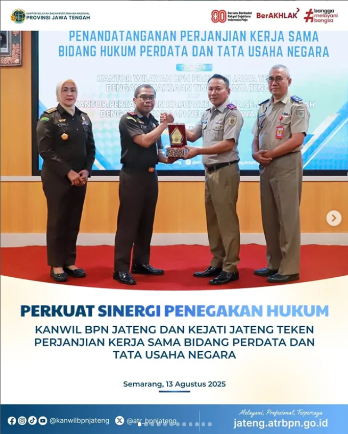 Perkuat Sinergi Penegakan Hukum, Kanwil BPN Jateng dan Kejati Jateng Teken Perjanjian Kerjasama Bidang Perdata dan Tata Usaha Negara