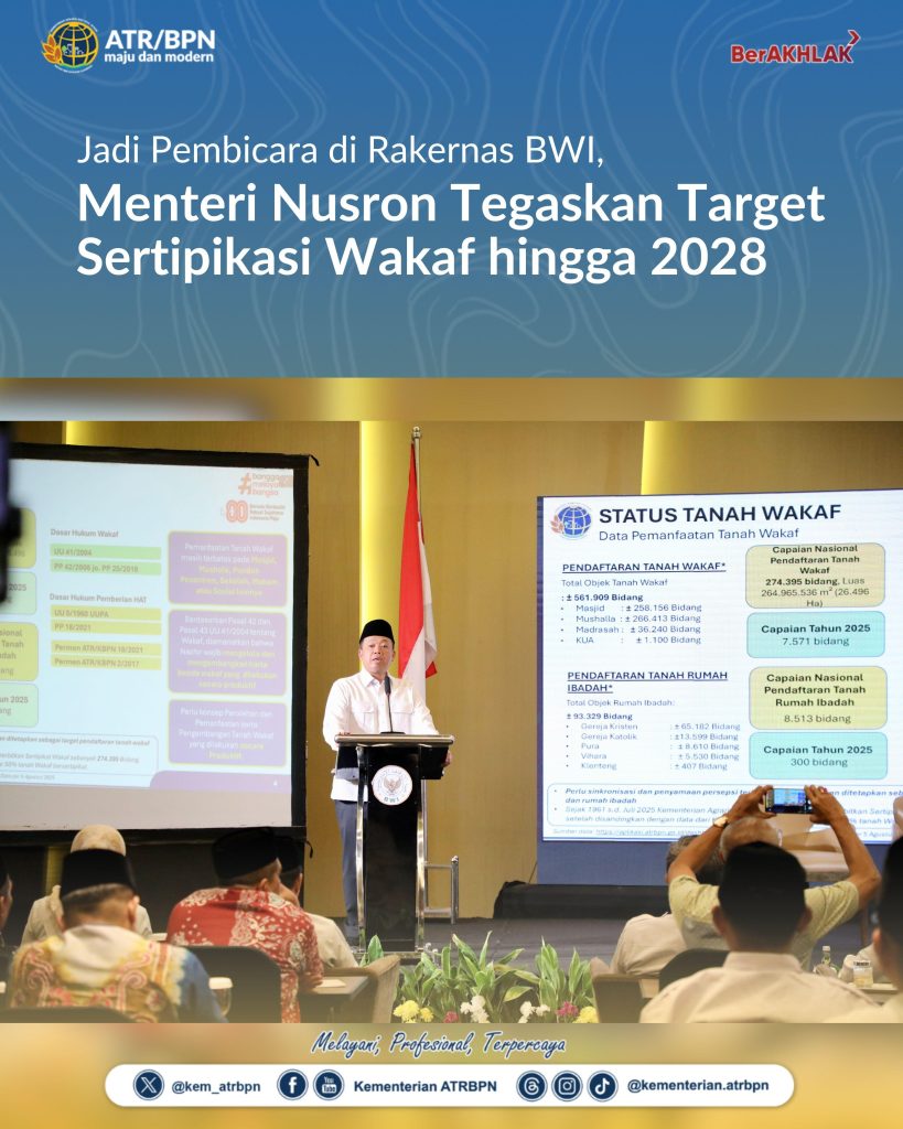 Jadi Pembicara di Rakernas BWI, Menteri Nusron Tegaskan Target Sertipikasi Wakaf hingga 2028