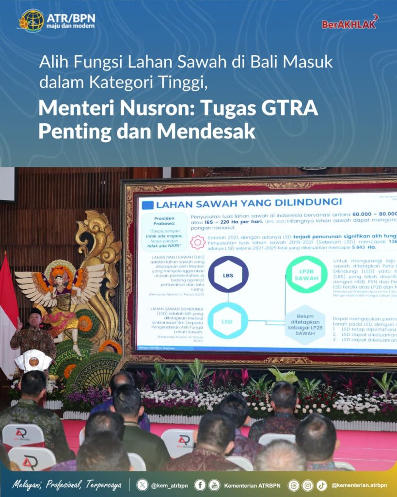 Alih Fungsi Lahan Sawah di Bali Masuk dalam Kategori Tinggi, Menteri Nusron: Tugas GTRA Penting dan Mendesak