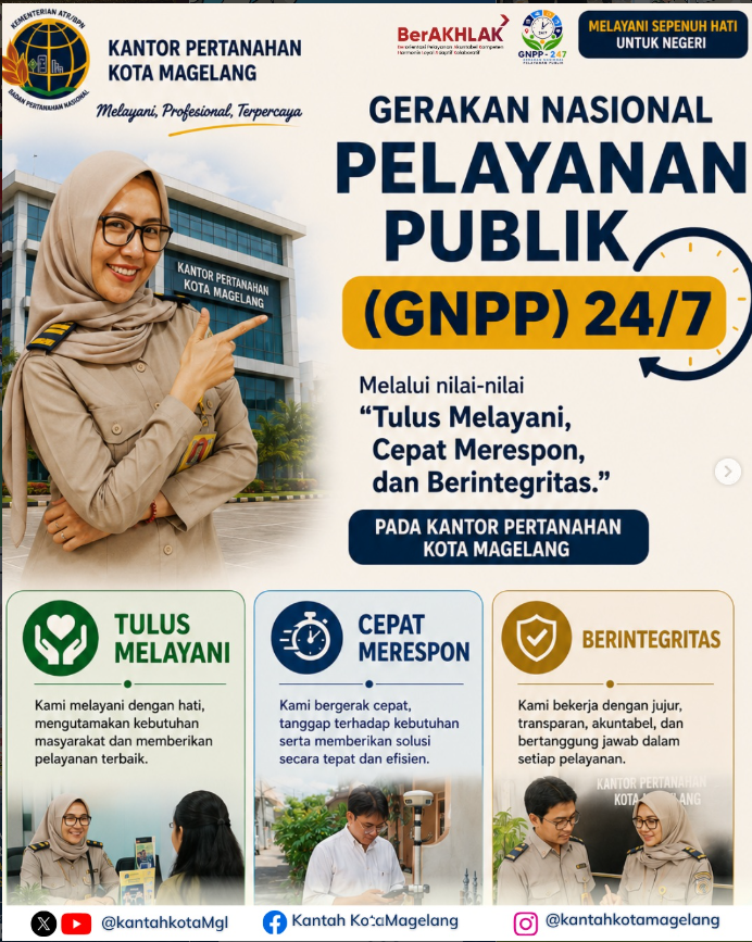 Gerakan Nasional Pelayanan Publik ( GNPP ) 24/7 Melalui Nilai-Nilai ” Tulus Melayani, Cepat Merespon Dan Berintegritas Pada Kantor Pertanahan Kota Magelang.
