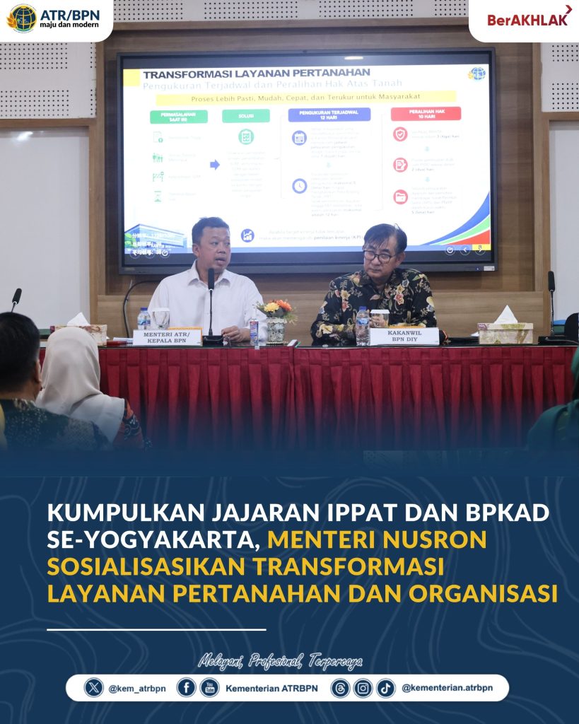 Kumpulkan Jajaran IPPAT dan BPKAD Se-Yogyakarta, Menteri Nusron Sosialisasikan Transformasi Layanan Pertanahan dan Organisasi